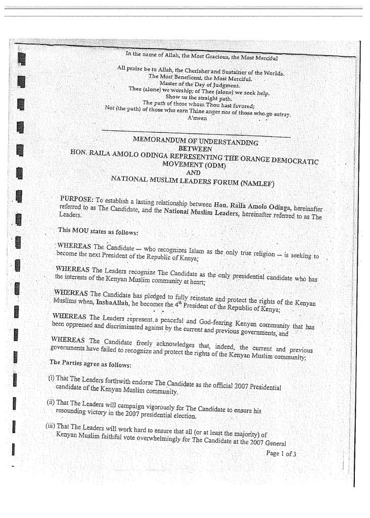 Memorandum of Understanding between Raila Odinga and Kenyan Muslims, PAGE ONE, LARGE
