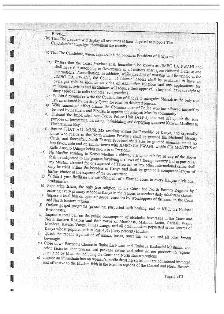 Memorandum of Understanding between Raila Odinga and Kenyan Muslims, PAGE TWO, LARGE