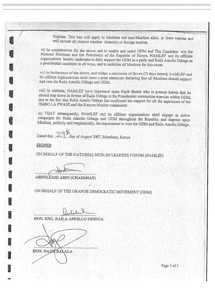 Memorandum of Understanding between Raila Odinga and Kenyan Muslims, PAGE THREE, LARGE